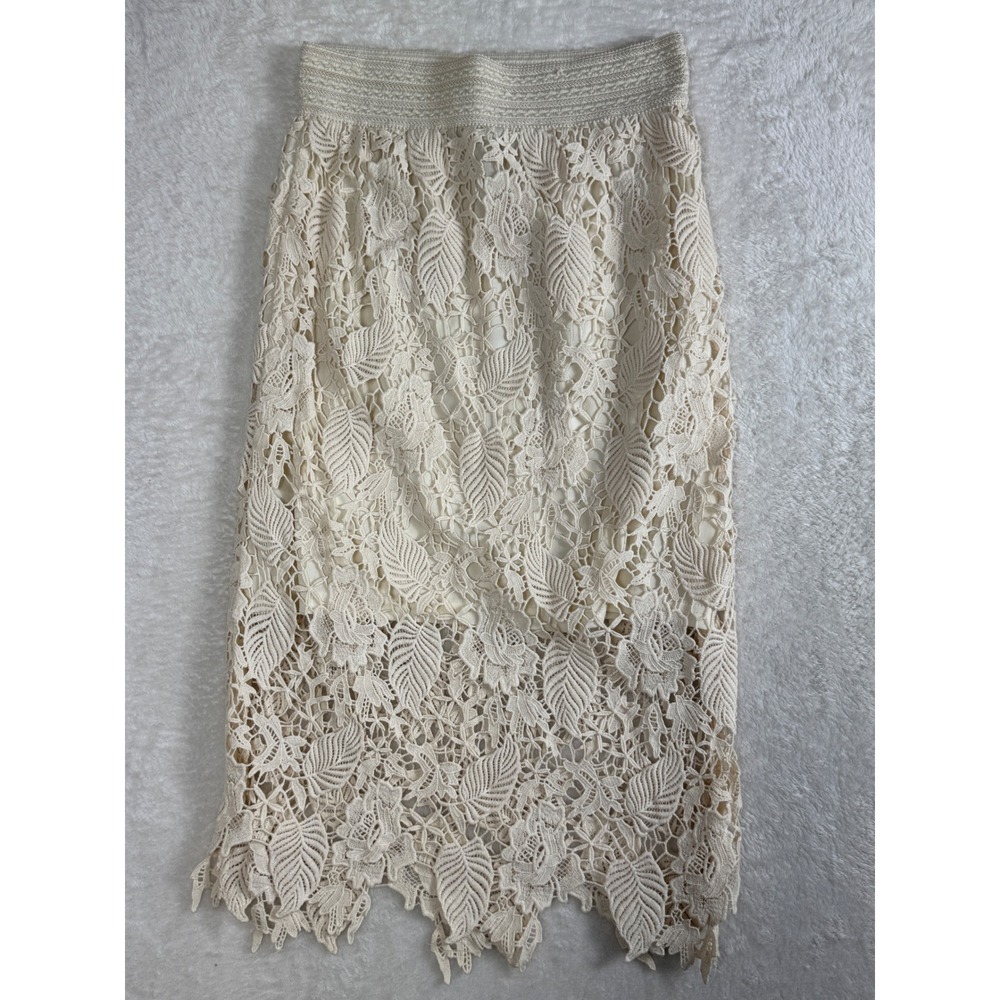 Bobeau Lace Boho Crochet Midi Skirt Womens Large Cream Leaf Overlay OB52